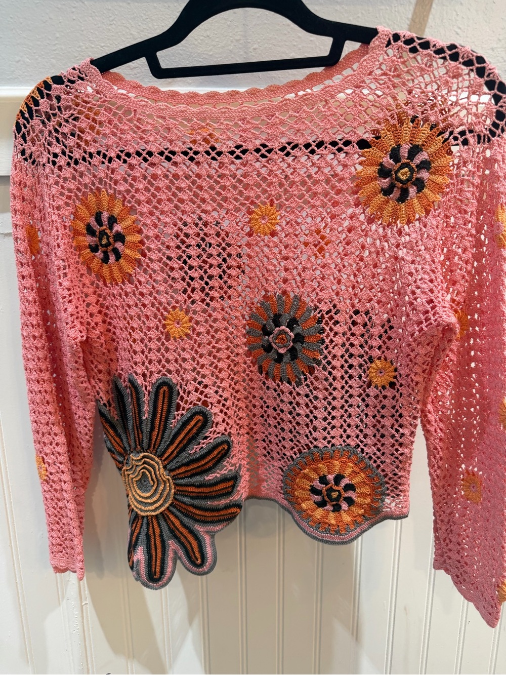 Pink Crochet Floral Cropped Sweater - Picture 3 of 3